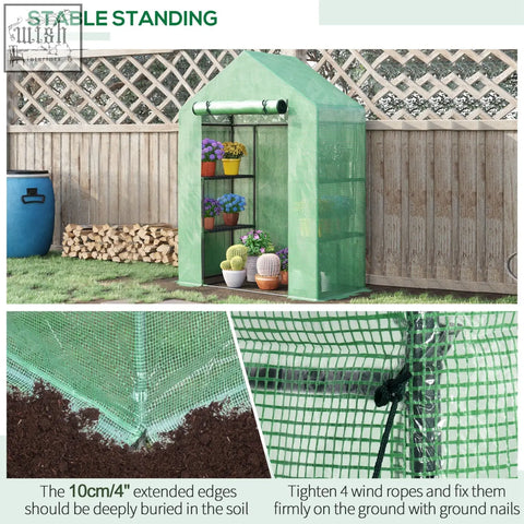 Outsunny walk in greenhouse with green mesh, steel frame, reinforced corners, roll-up door, and 2 tier shelves for growing season