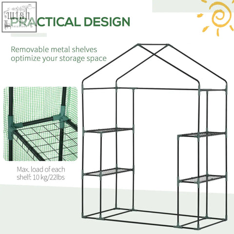 Outsunny walk in greenhouse with steel frame, green mesh sides, removable shelves, and roll-up door for extended growing season