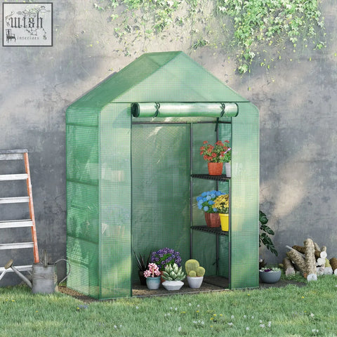 Outsunny portable greenhouse with steel frame green mesh cover black metal shelves and roll-up door for potted plants