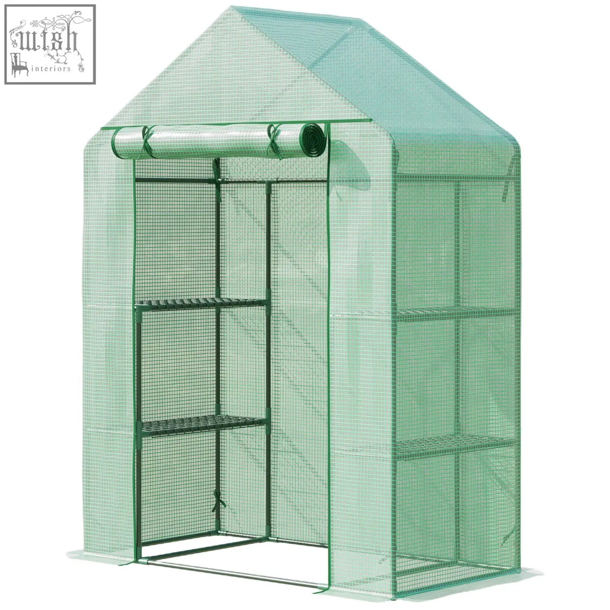 Outsunny walk in greenhouse in green with steel frame roll up door and shelves for extending growing season outdoors