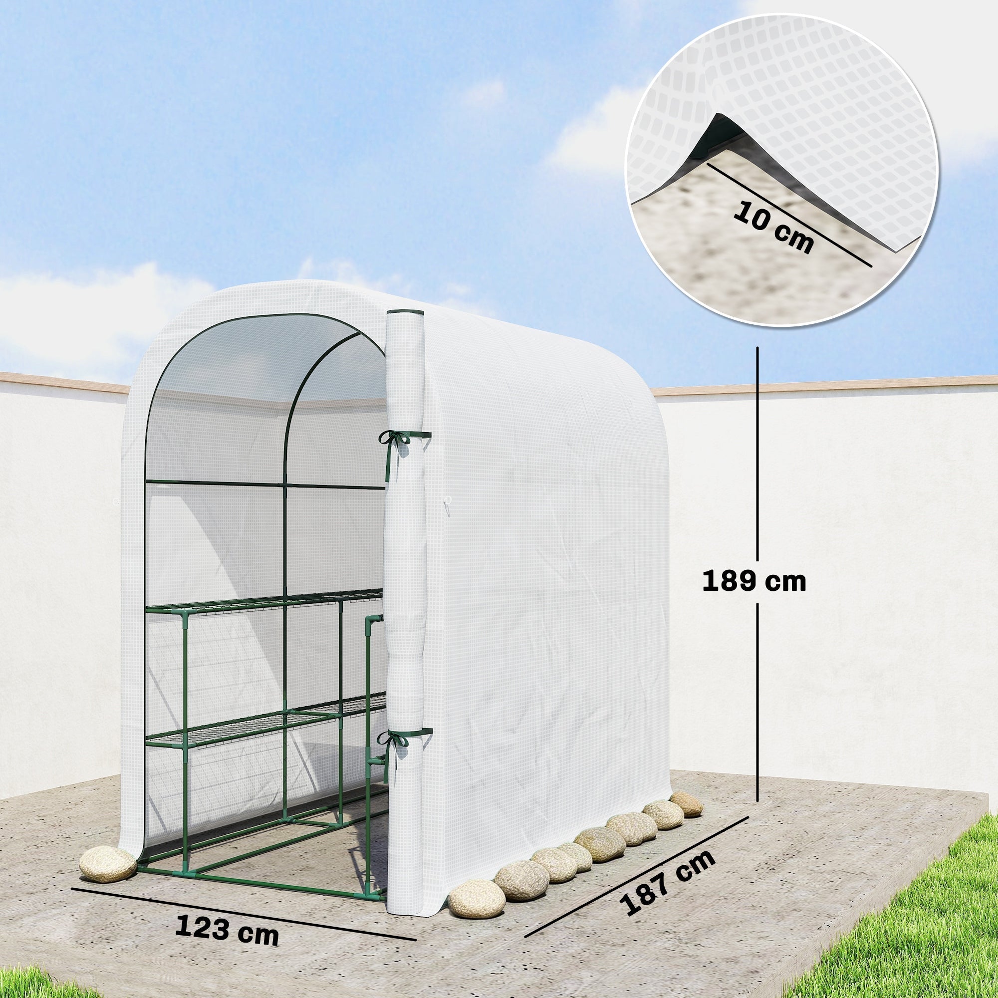 White arched outsunny walk-in greenhouse with green metal frame and mesh sides for flower pots and gardening tools