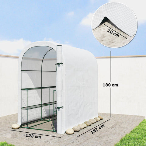 White arched outsunny walk-in greenhouse with green metal frame and mesh sides for flower pots and gardening tools