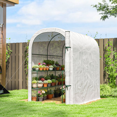Outsunny walk-in greenhouse with white pe cover and green metal frame filled with flower pots and gardening tools on shelves