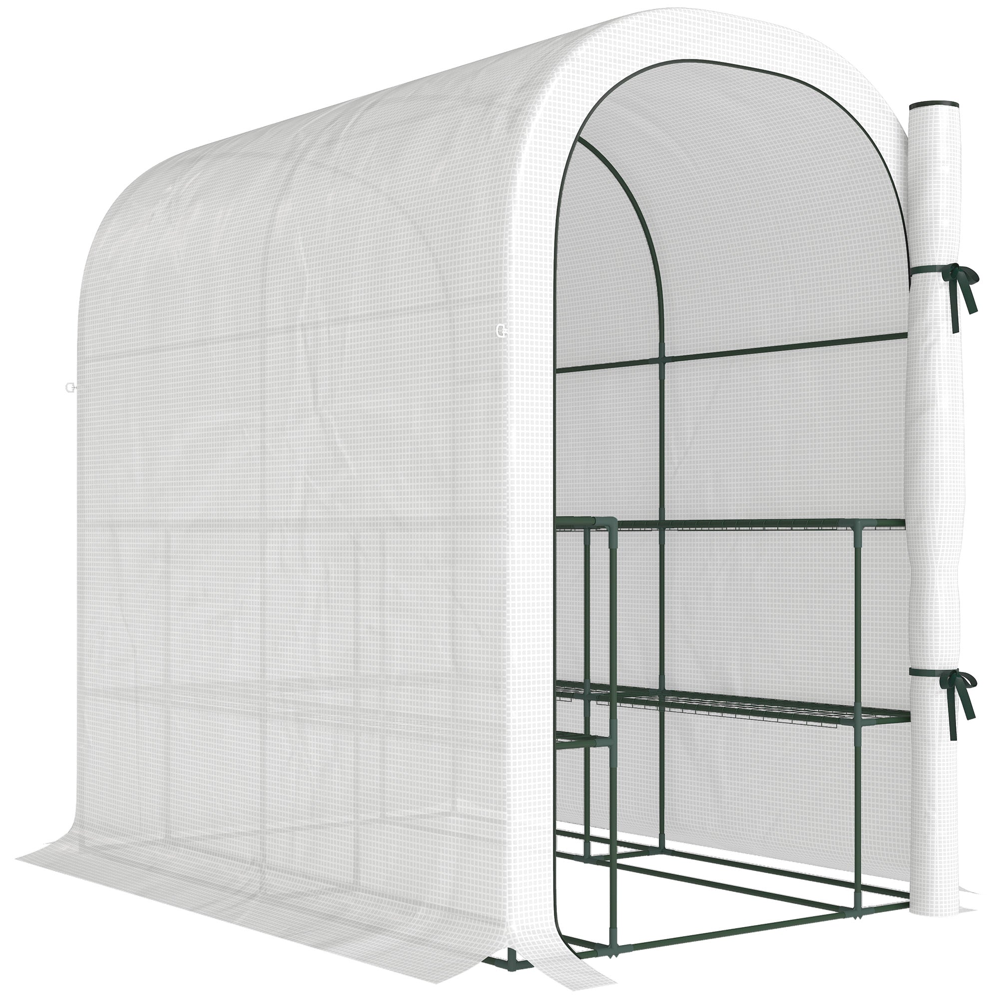 White mesh outsunny walk-in greenhouse with dark green metal frame and shelves for flower pots and gardening tools storage