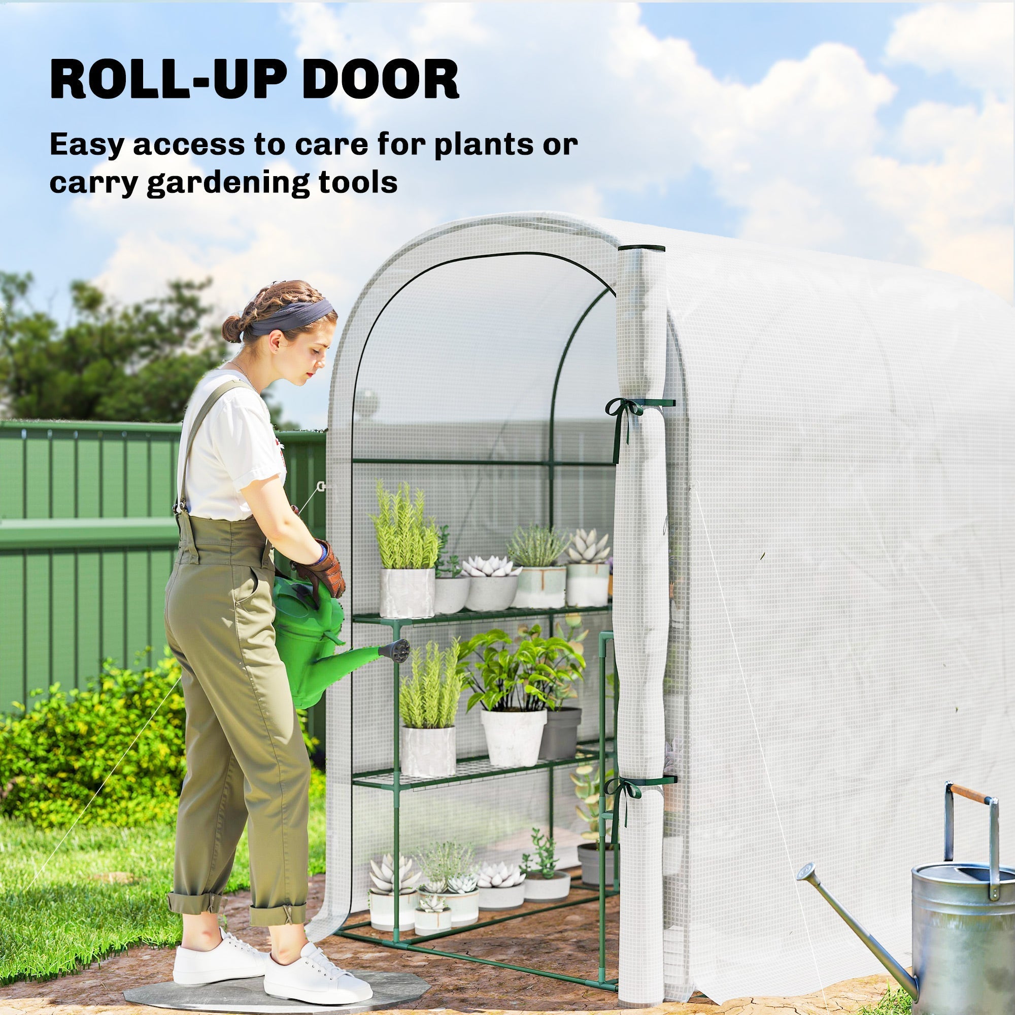 Outsunny walk-in greenhouse with green metal roll-up door, white mesh fabric, arched frame, perfect for flower pots and gardening tools