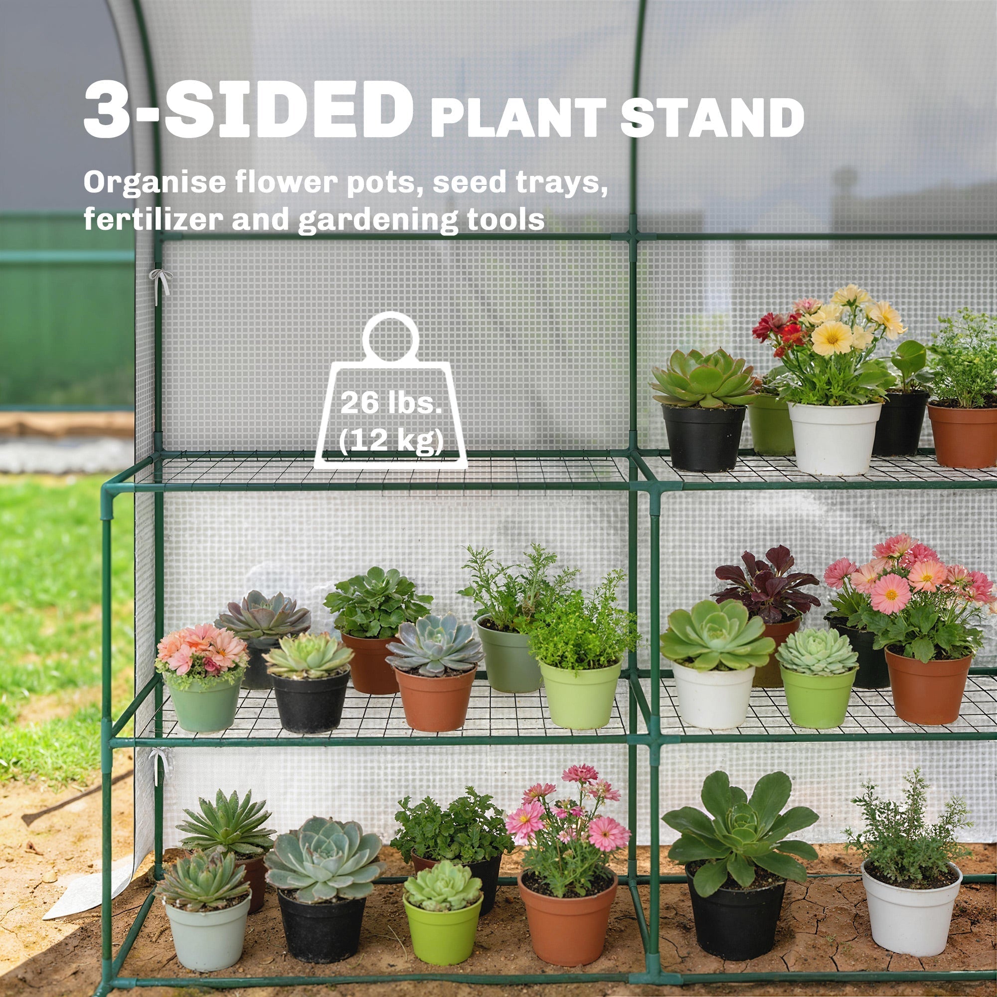 Green metal 3-sided plant stand with wire mesh shelves for flower pots and gardening tools in outsunny greenhouse