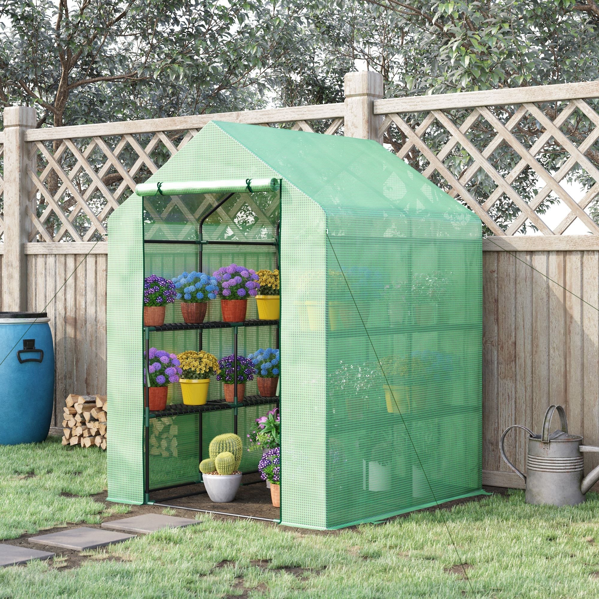 Outsunny walk in greenhouse with steel frame black metal shelves and removable green cover for garden growing