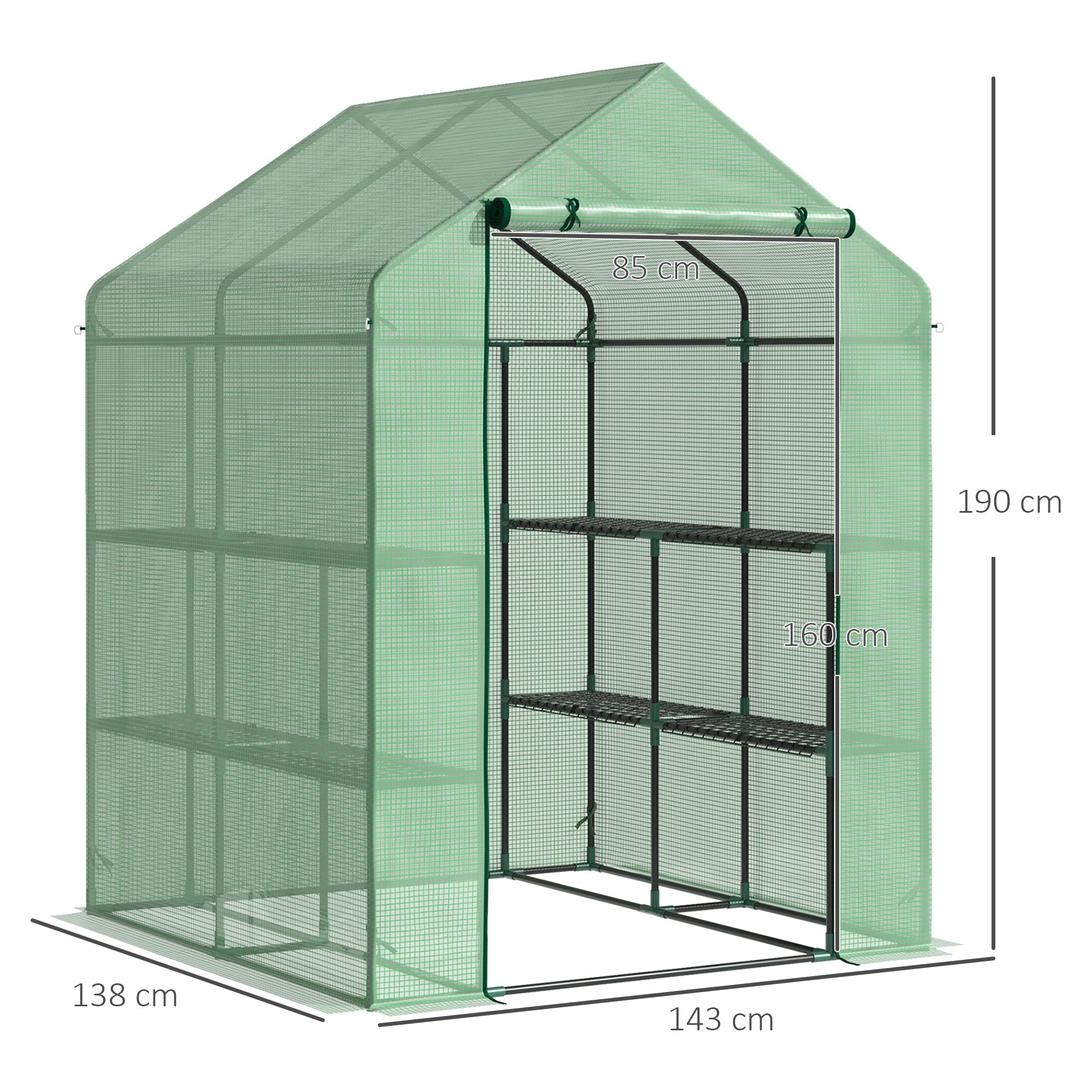 Outsunny walk in green house with steel frame green mesh and shelves perfect for garden growing