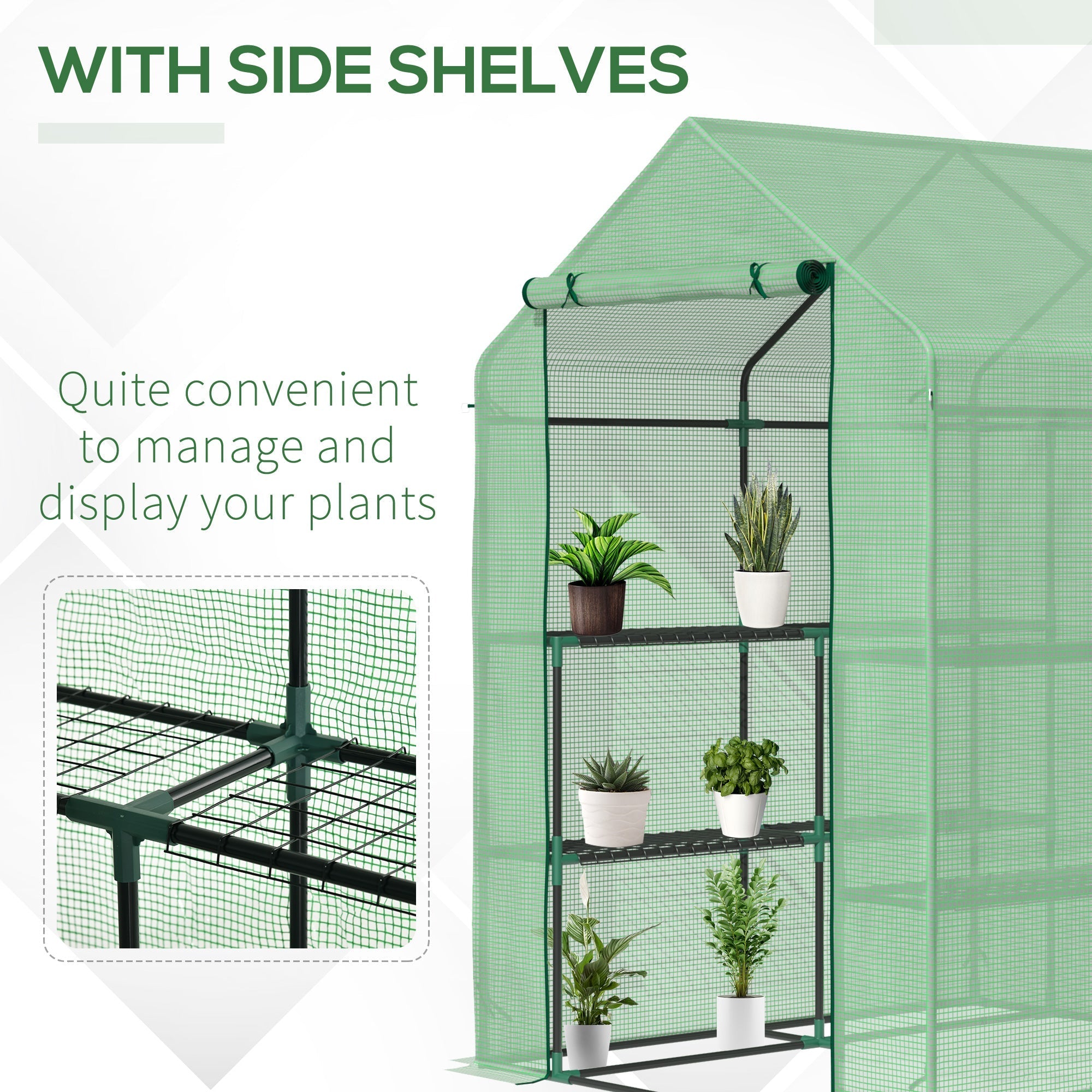 Outsunny walk in green house with green mesh, black steel frame, and side shelves for garden growing use