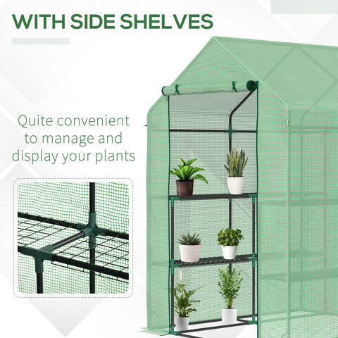 Outsunny walk in green house with green mesh, black steel frame, and side shelves for garden growing use
