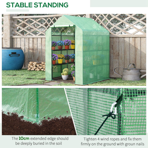 Outsunny walk in green house with steel frame green mesh transparent panels and shelves for garden growing