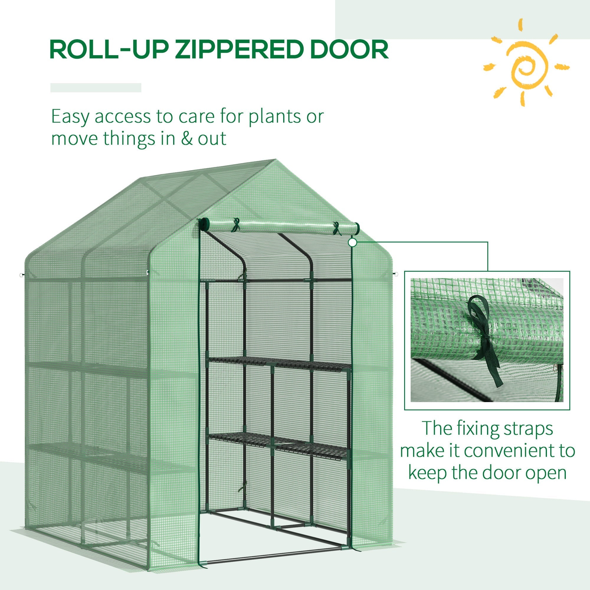 Outsunny walk in green mesh greenhouse with roll up zipped door steel frame and removable cover for garden use in green