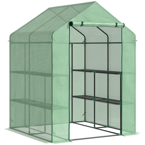 Outsunny walk in greenhouse with green mesh cover black steel frame and shelves for garden growing use
