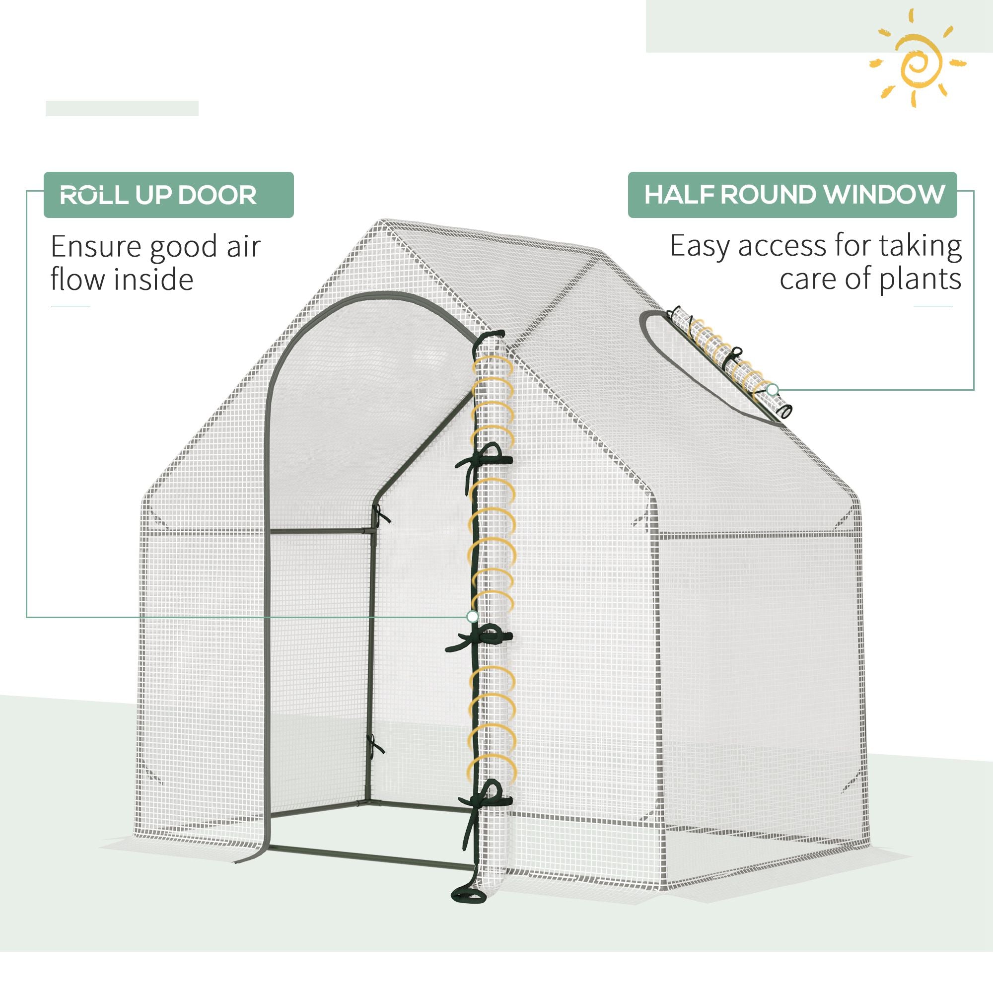 White mesh outsunny walk-in greenhouse with roll-up door and half-round window featuring steel frame for extra stability