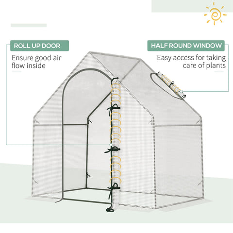 White mesh outsunny walk-in greenhouse with roll-up door and half-round window featuring steel frame for extra stability