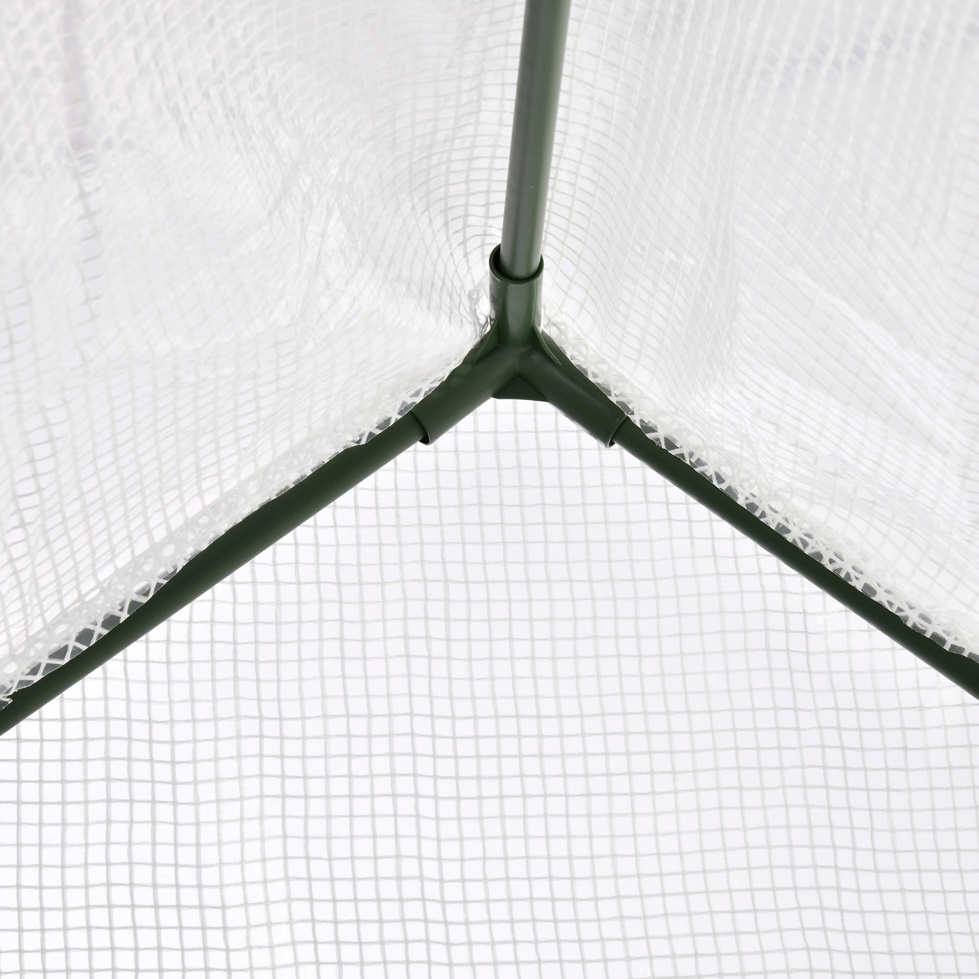 White mesh canopy with dark green metal steel frame joints for extra stability on outsunny walk in greenhouse