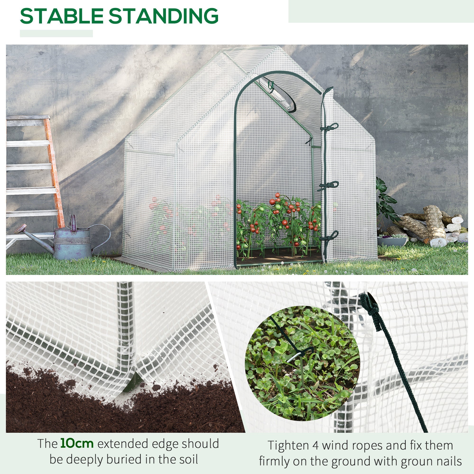 A white mesh walk-in greenhouse with extra stability steel frame and arched doorway growing plants inside