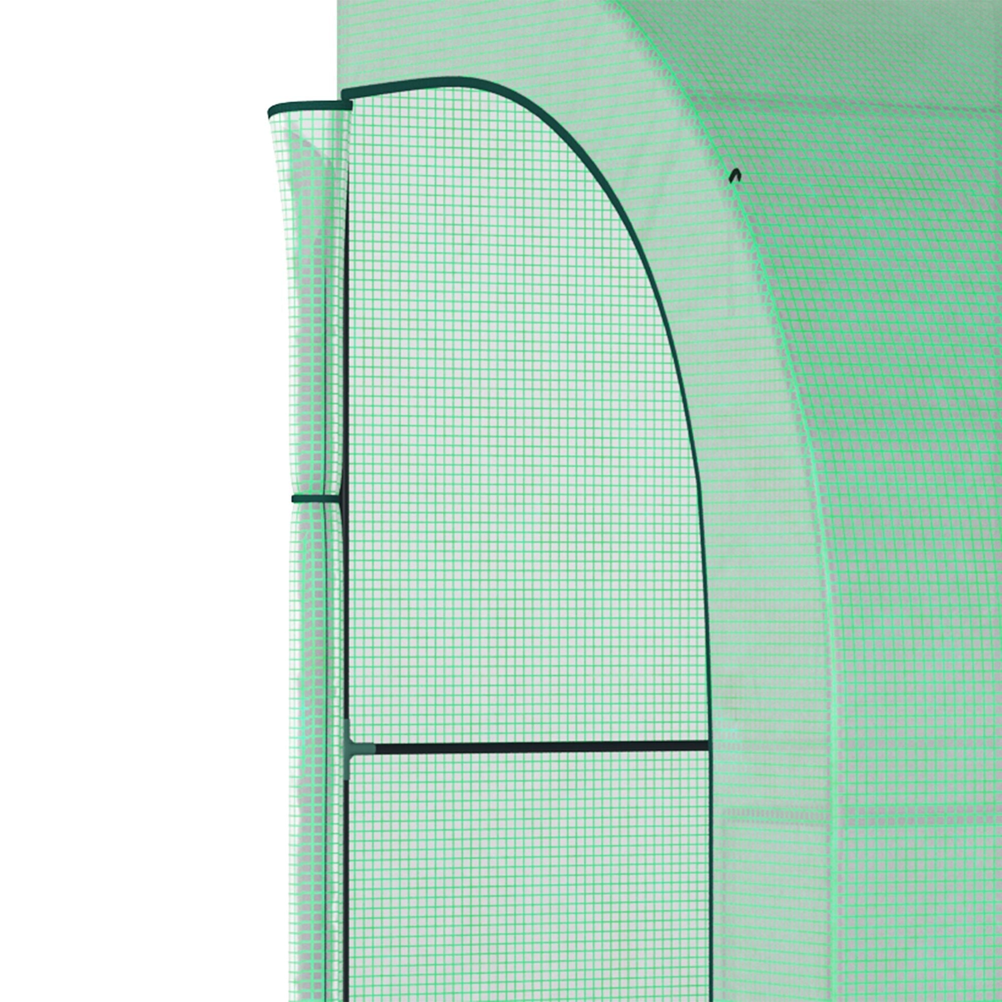 Outsunny walk-in lean to greenhouse in light green mesh with black trim and wire panel shelves for plant nursery use