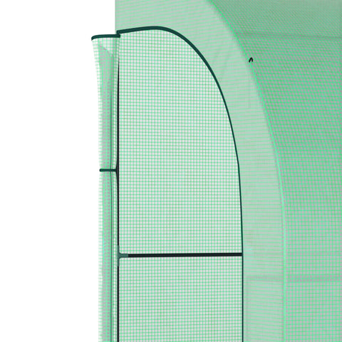 Outsunny walk-in lean to greenhouse in light green mesh with black trim and wire panel shelves for plant nursery use