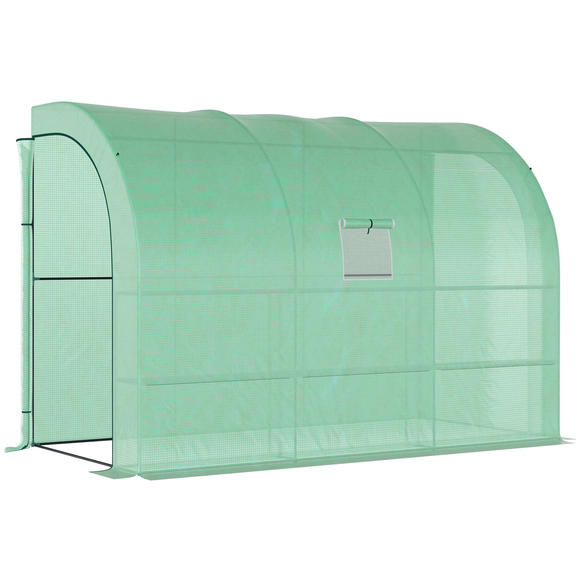 Outsunny walk-in lean to greenhouse in translucent green plastic with wire panel sides and small window for plant nursery use