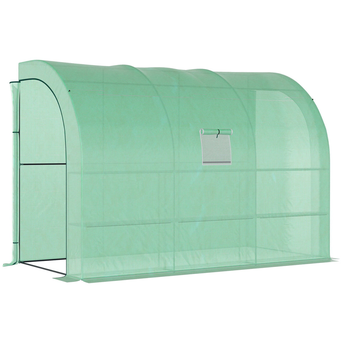 Outsunny walk-in lean to greenhouse in translucent green plastic with wire panel sides and small window for plant nursery use