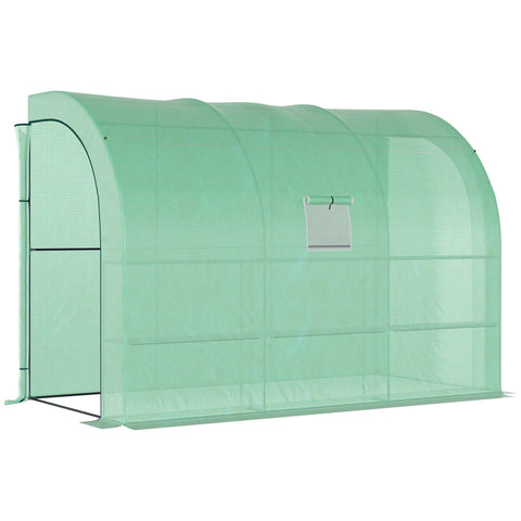 Outsunny walk-in lean to greenhouse in translucent green plastic with wire panel sides and small window for plant nursery use