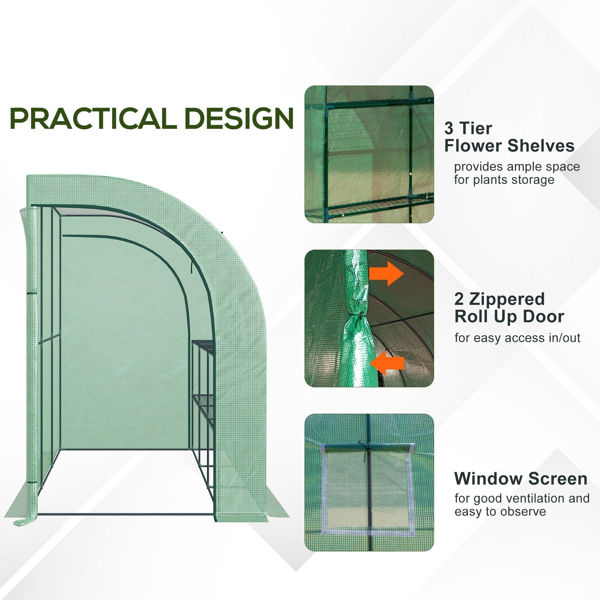 Outsunny walk-in lean to greenhouse in green with wire panel shelves and zippered door for plant nursery use