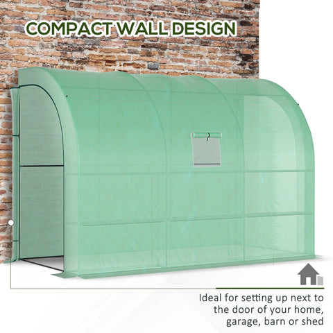 Outsunny walk-in lean to greenhouse in mint green plastic with mesh wire panels for plant nursery use and shelving
