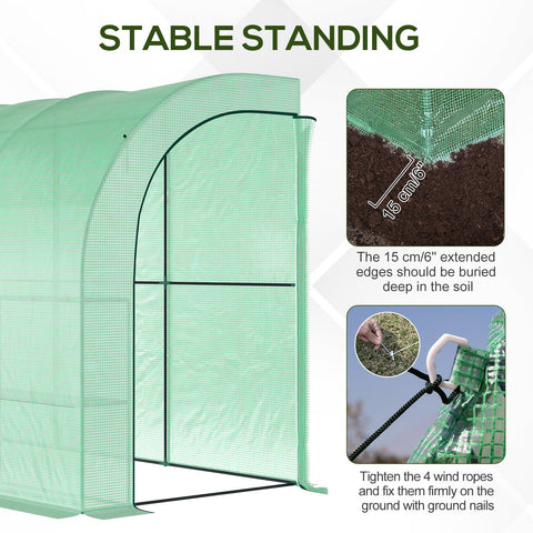 Green mesh walk-in lean to greenhouse with arched frame and wire panel shelves for plant nursery use