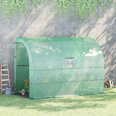 Green mesh walk-in lean to greenhouse with arched roof, windows, wire panel shelves for plant nursery use