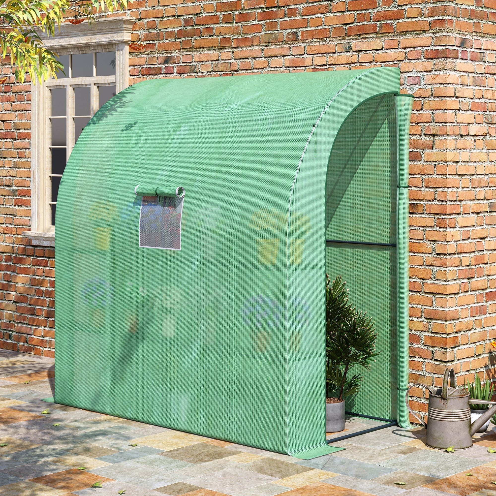 Green arched mesh greenhouse with window and door ideal for outdoor plant nursery with 3 tiers and wired shelves