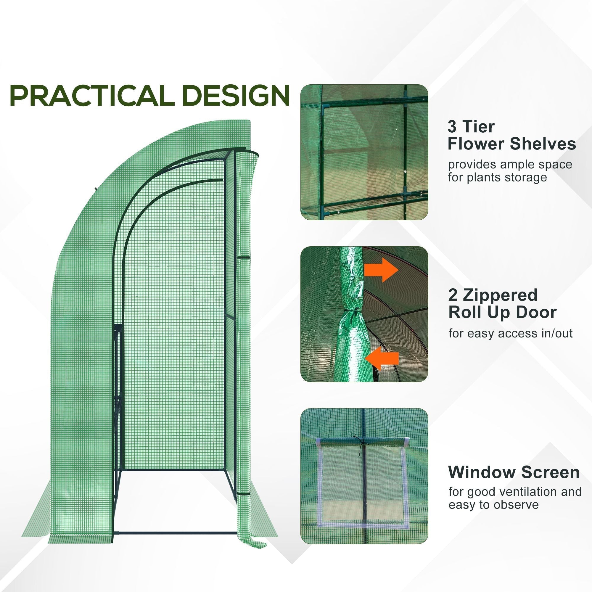Green mesh greenhouse with black metal frame and roll-up door for plant nursery and outdoor gardening use