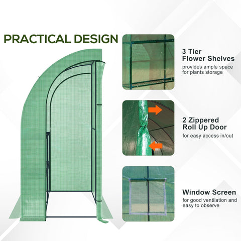 Green mesh greenhouse with black metal frame and roll-up door for plant nursery and outdoor gardening use