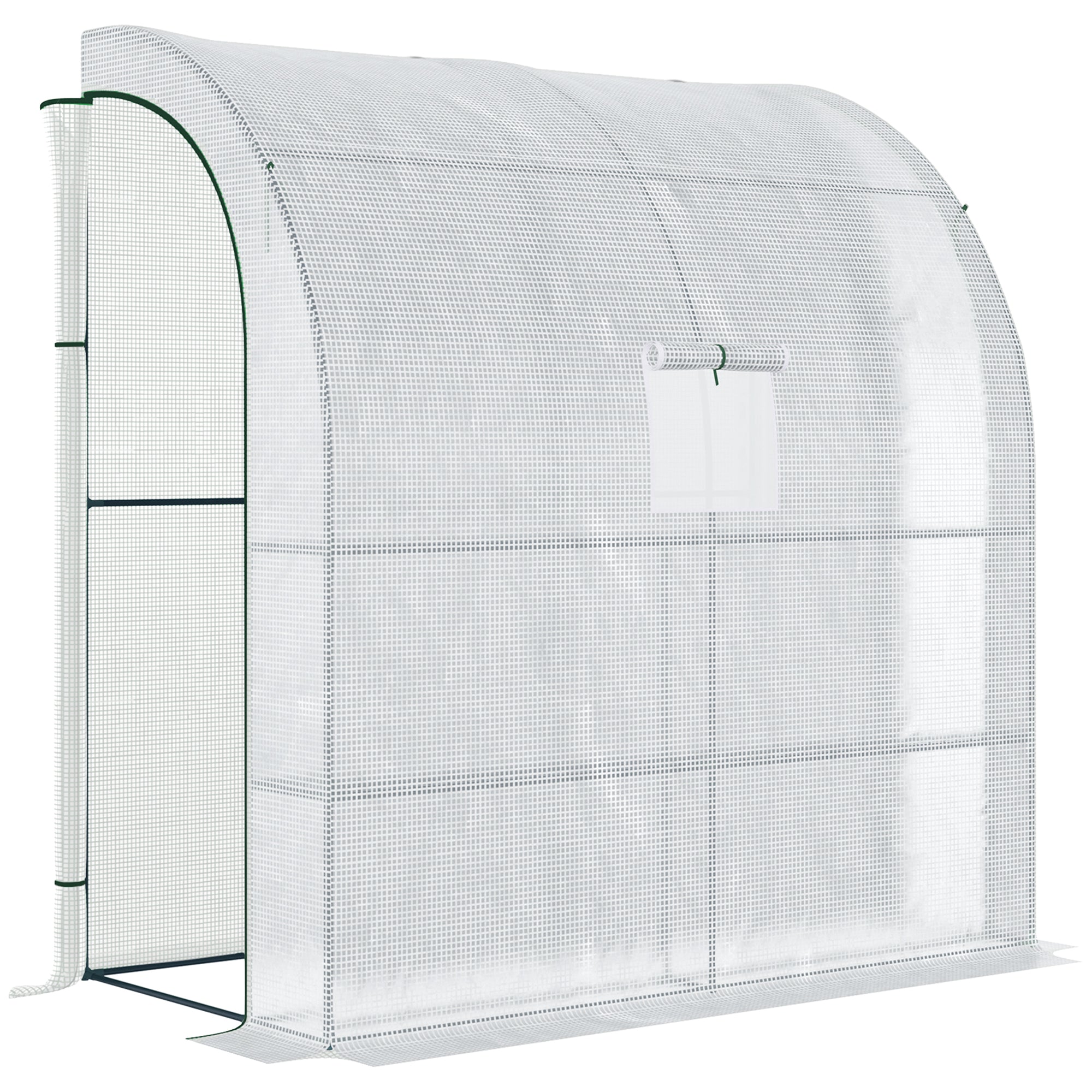Outsunny walk-in lean to wall greenhouse with white mesh, green frame, roll-up door, 200l x 100w x 215hcm size