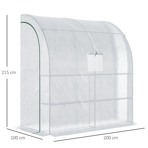 Outsunny walk-in lean to wall greenhouse with clear plastic panels green trim 2 tiers 4 wired shelves 200l x 100w x 215hcm
