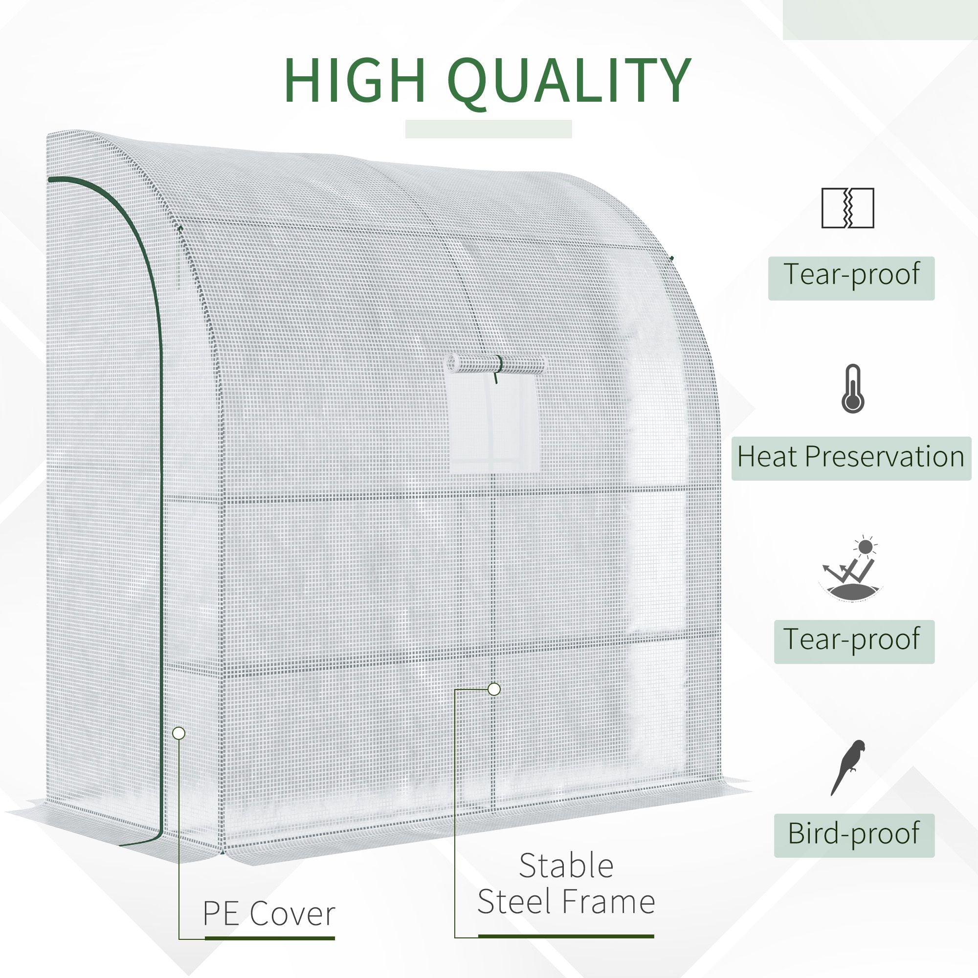 Outsunny walk-in lean to wall greenhouse with translucent white pe cover steel frame 200l x 100w x 215hcm