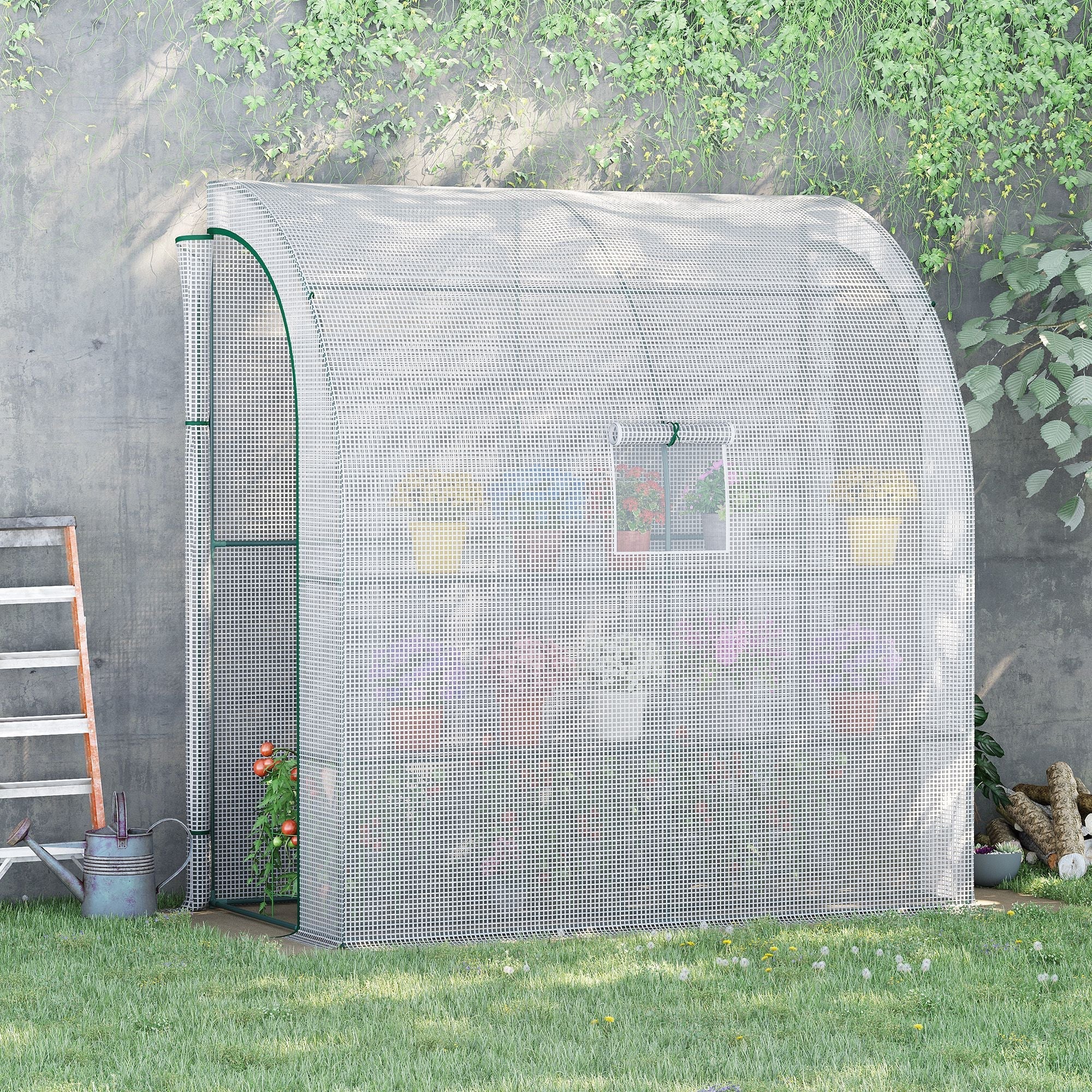 Translucent white mesh wall greenhouse with green metal frame and window panel 200l x 100w x 215hcm outsunny model