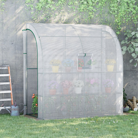 Translucent white mesh wall greenhouse with green metal frame and window panel 200l x 100w x 215hcm outsunny model