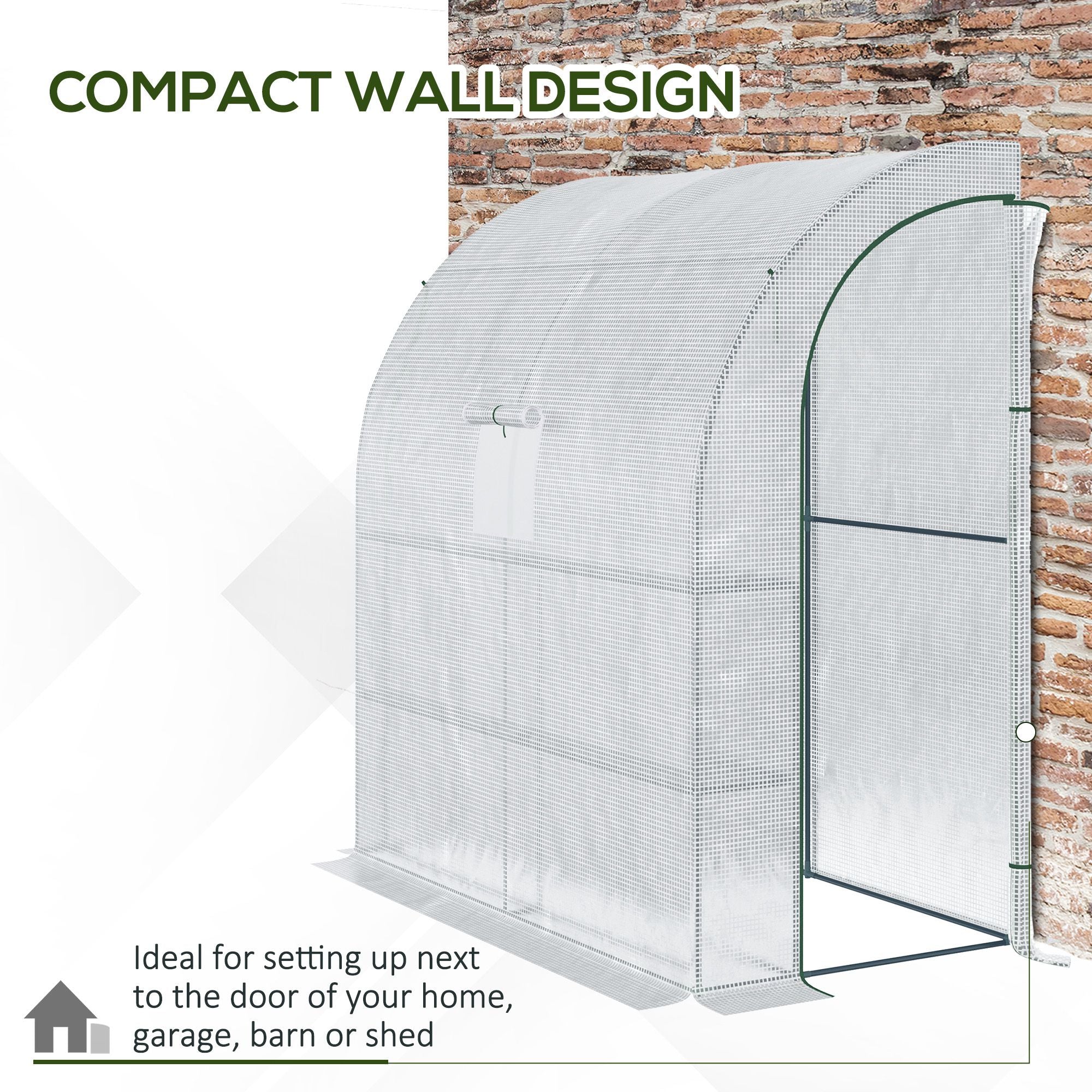 Compact wall greenhouse with dark green metal frame and translucent mesh cover 200l x 100w 100w x 215hcm size