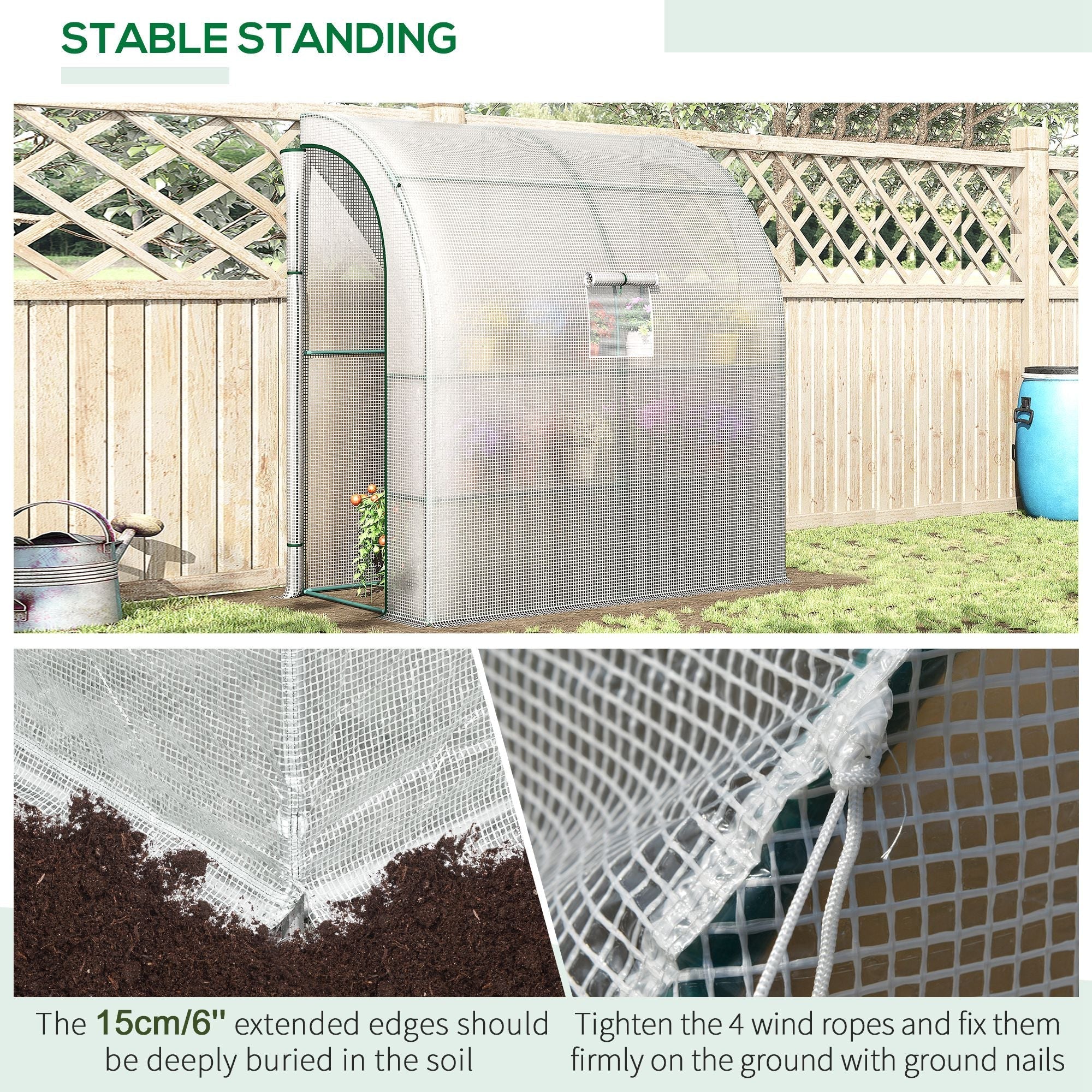 Silver mesh walk-in lean to wall greenhouse with arched design reinforced edges 200l x 100w x 215hcm white