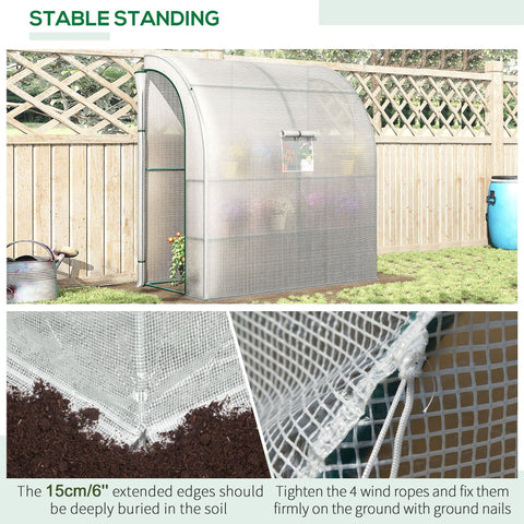 Silver mesh walk-in lean to wall greenhouse with arched design reinforced edges 200l x 100w x 215hcm white
