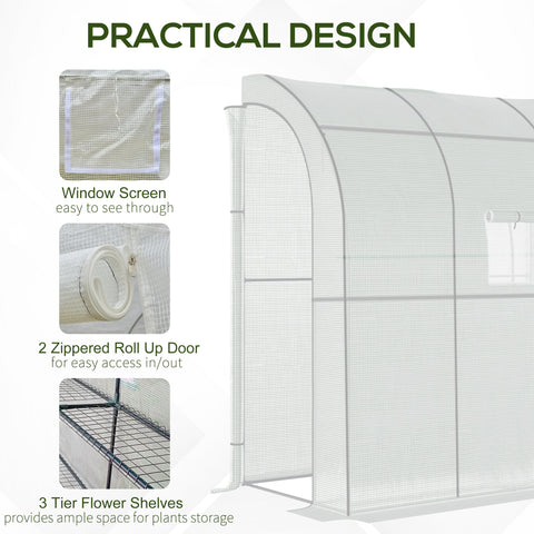 White mesh wall greenhouse with arched roof and zippered roll-up doors 200l x 100w 100w x 215hcm