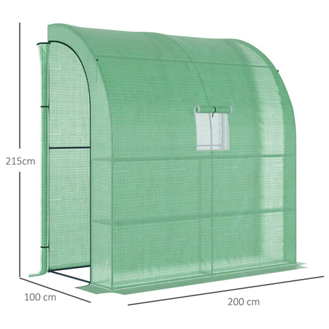 Green mesh outsunny walk-in lean to wall greenhouse with arched roof windows doors and shelves for plant nursery use