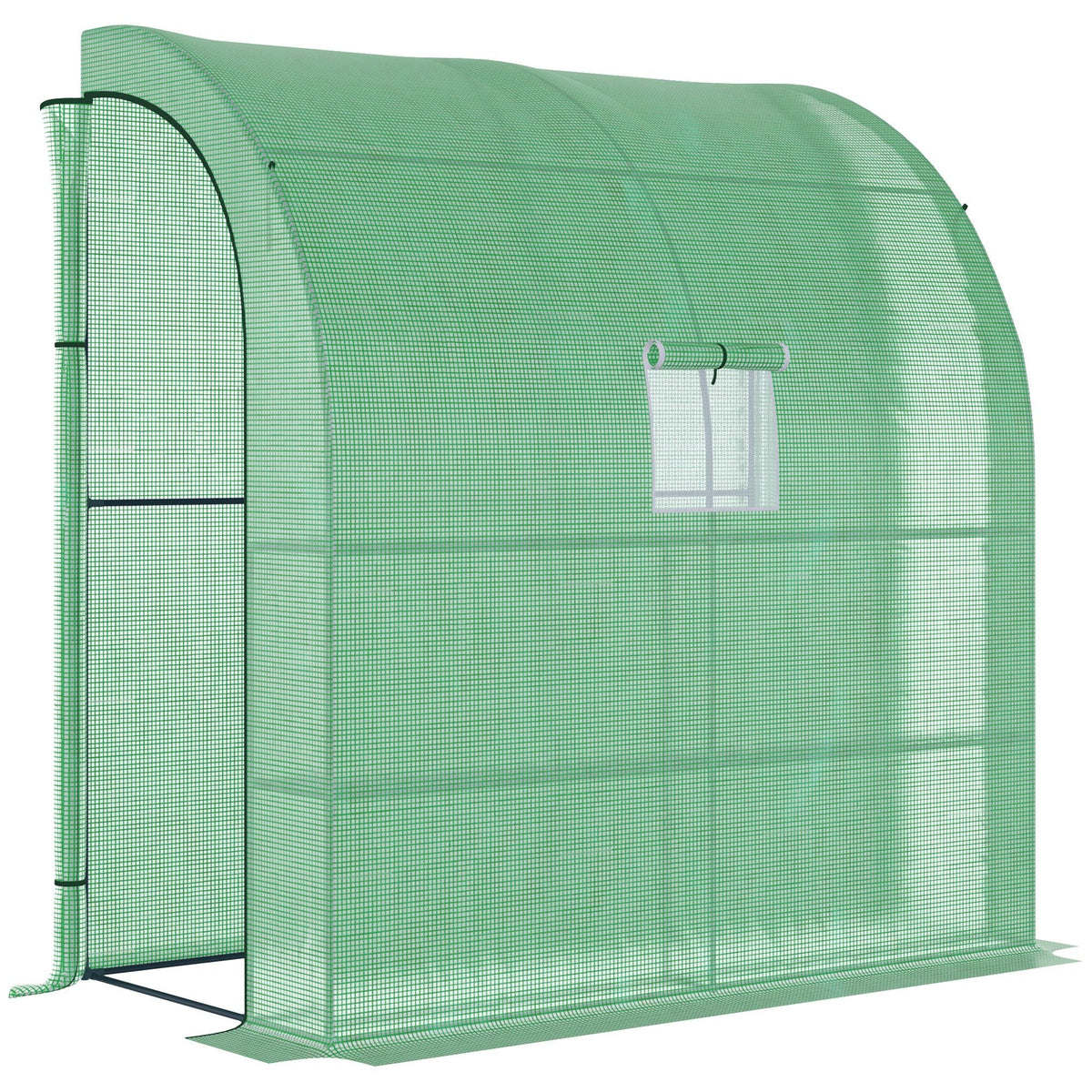 Outsunny green mesh walk-in lean to wall greenhouse with arched roof small window and shelves for plant nursery use