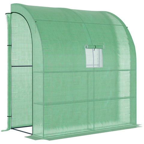 Outsunny green mesh walk-in lean to wall greenhouse with arched roof small window and shelves for plant nursery use