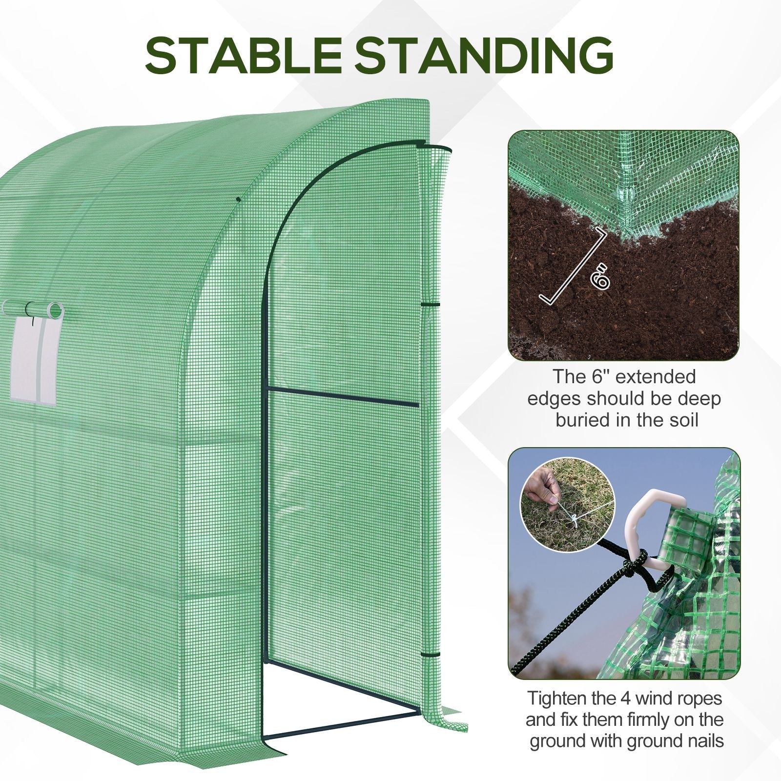 Green mesh walk in lean to wall greenhouse with arched frame and wired shelves perfect for plant nursery use outdoors