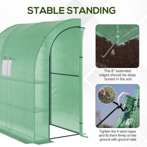 Green mesh walk in lean to wall greenhouse with arched frame and wired shelves perfect for plant nursery use outdoors