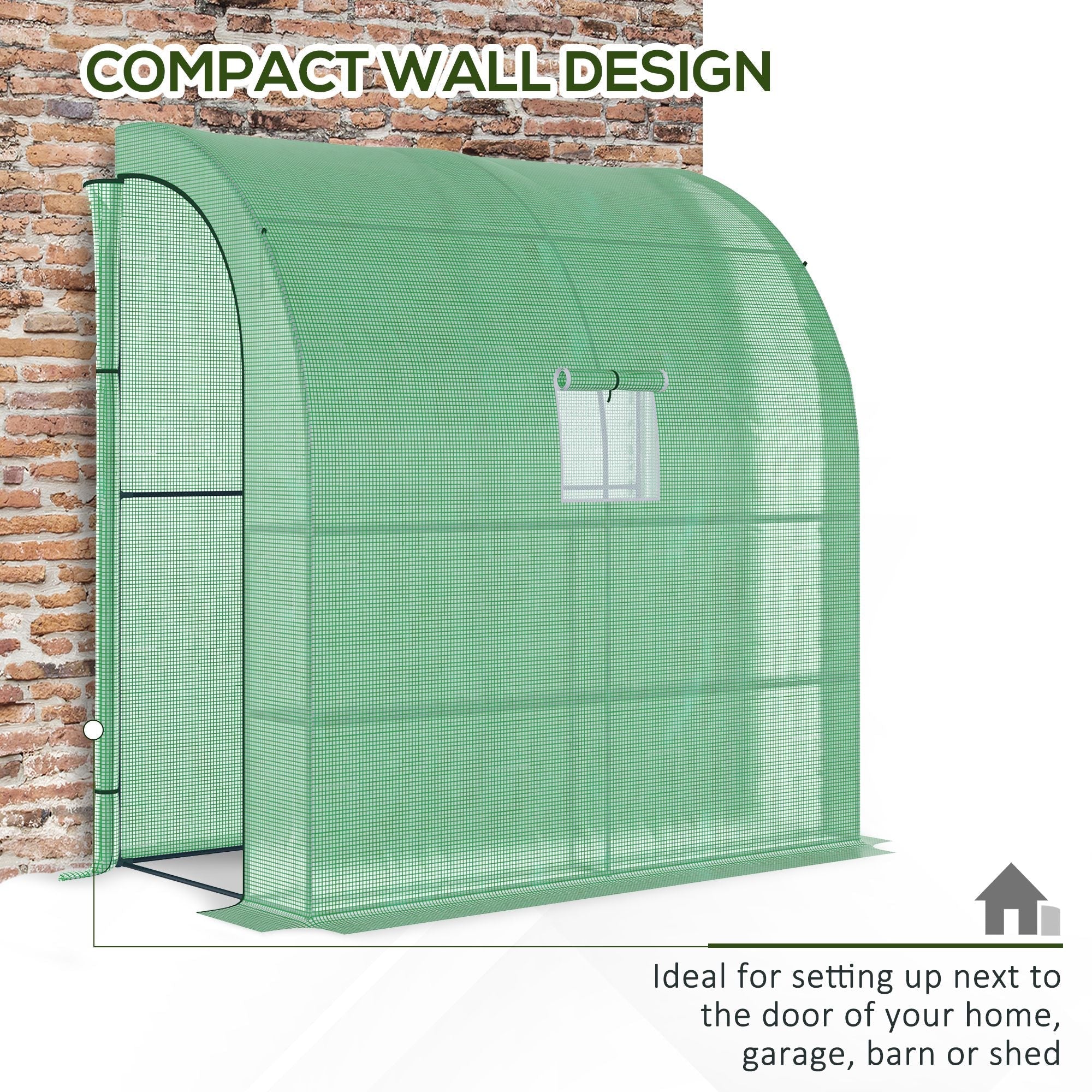 Outsunny green mesh walk-in lean to wall greenhouse with arched roof small window and shelves for plant nursery use