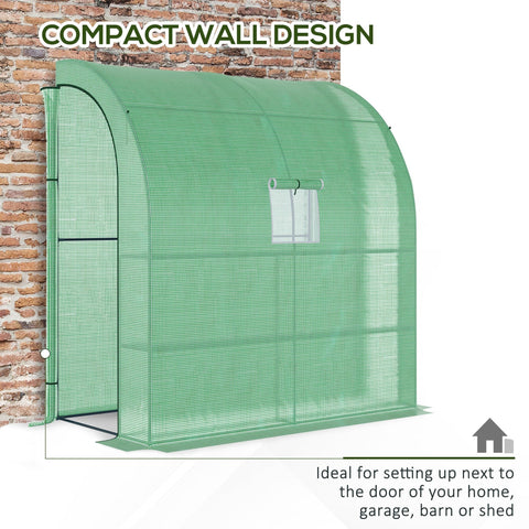 Outsunny green mesh walk-in lean to wall greenhouse with arched roof small window and shelves for plant nursery use