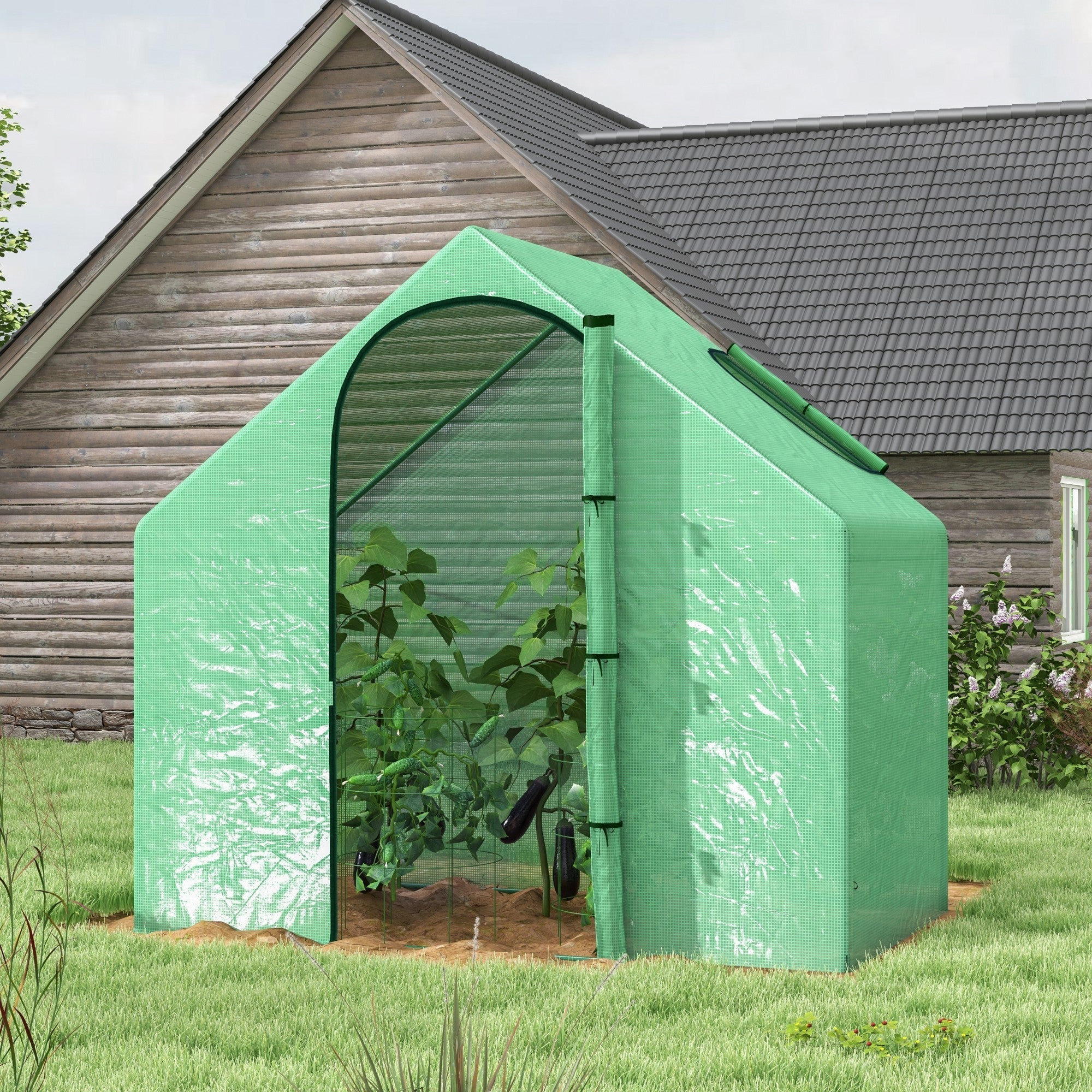 Green plastic outsunny walk in mini greenhouse with steel frame for extra stability housing eggplants and leafy plants
